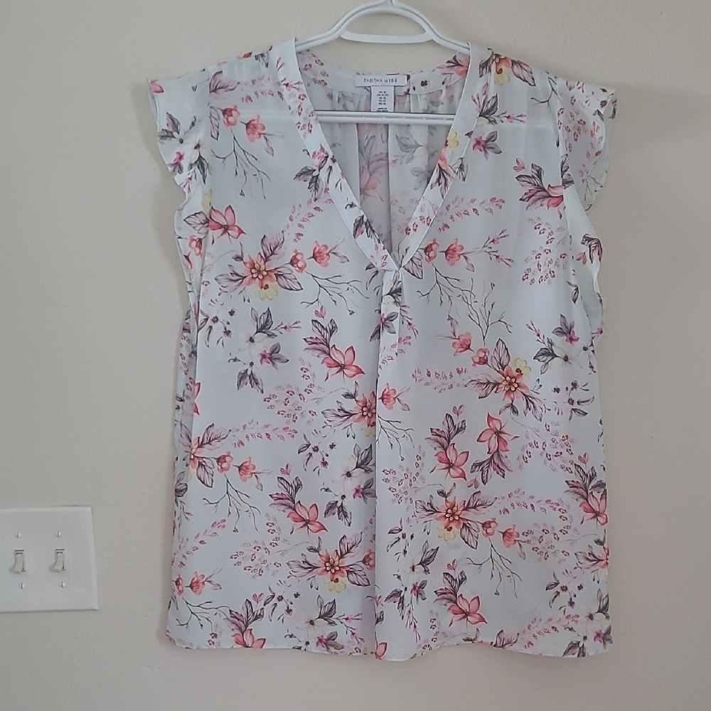 White and Pink Ruffled Cap Sleeve Blouse